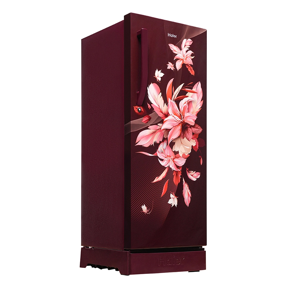 Haier 215L 5 Star Inverter Technology Direct Cool Single Door Refrigerator with Toughened Glass Shelf Base Drawer come sin stylish red opal Finish HRD-2355PRO-P